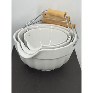 White Ceramic Nesting Batter Bowl Set 3pc Fluted Farmhouse Wood Handle Spout